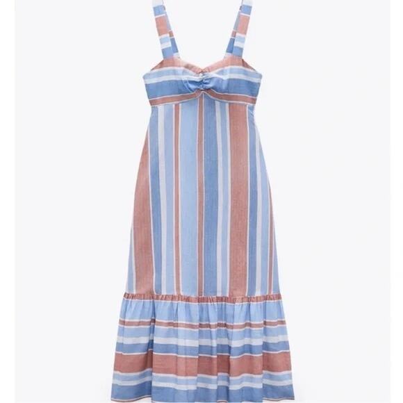 ZARA Striped Linen Blend Midi Sun Dress Red White Blue Mermaid Hem Womens Small - Picture 10 of 11